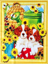 Два щенокчка среди садовых подсолнухов