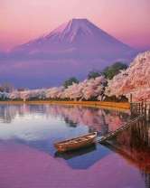 Озеро, цветение сакуры и гора Фуджи