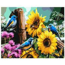 Синие птички на заборе у подсолнухов