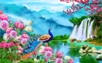 Павлин и журавль у цветущего водопада