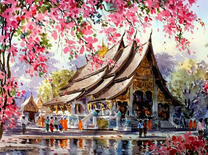 Красочный храм среди цветущих сакур