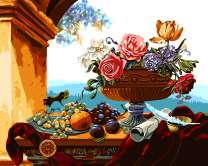 Поднос с фруктами и ваза с цветами