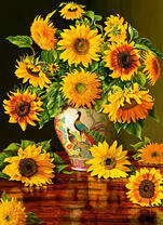 Букет подсолнухов в расписной вазе