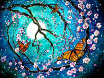 Три бабочки на цветущей сакуре