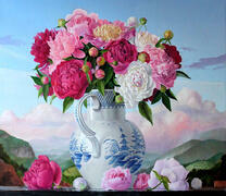 Букет пионов на фоне голубого неба