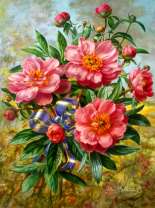 Сине-золотая ваза с букетом пионов