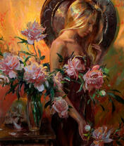 Обнаженная девушка за садовыми пионами