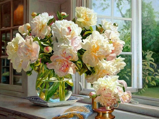 Картина по номерам 40x50 Белые пионы в вазе на окне