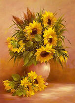 Букет подсолнухов в глиняном кувшине