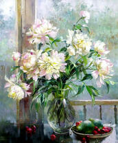 Натюрморт с белыми пионами, грушей и вишней