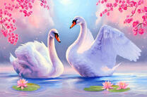 Лебеди под сакурой на озере