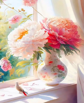 Два огромных пиона и птичка на подоконнике