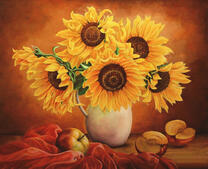 Натюрморт с большими подсолнухами и яблоками