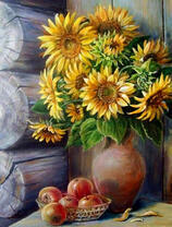 Кувшин с букетом подсолнухов и яблоки