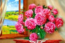 Букет пионов на фоне реки