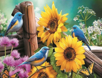 Синие птички, подсолнухи и бабочки