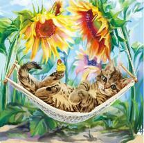 Котёнок в гамаке под подсолнухами